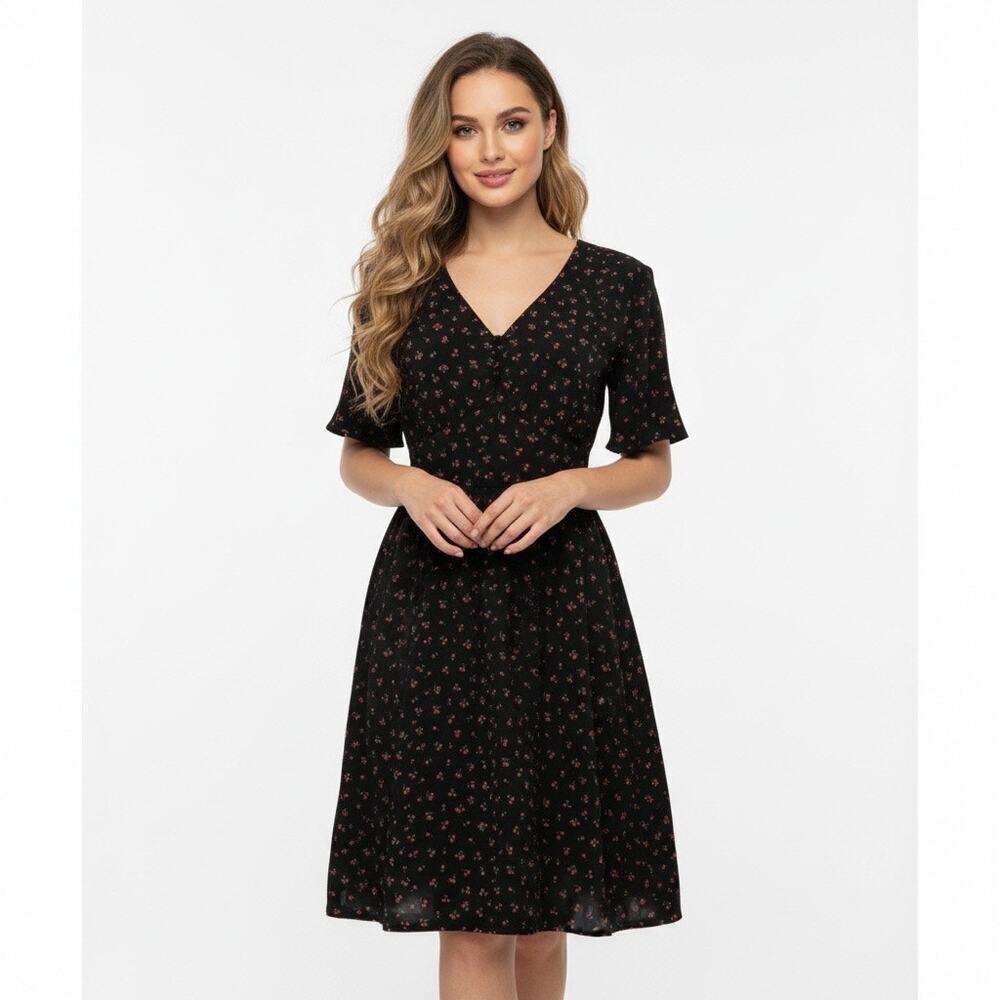 Ellison Black Cherry Print Midi Dress Large Cottagecore Feminine Picnic Summer